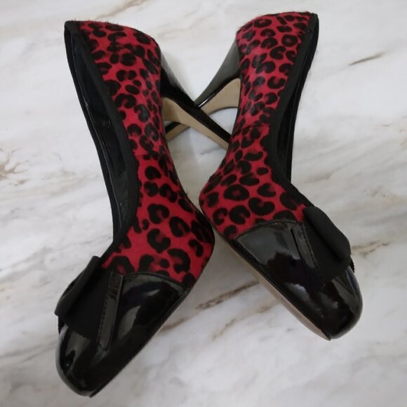 WHBM | NAOMI Red Black Leopard Print Calf Hair Heels | Size 7 - Picture 8 of 11